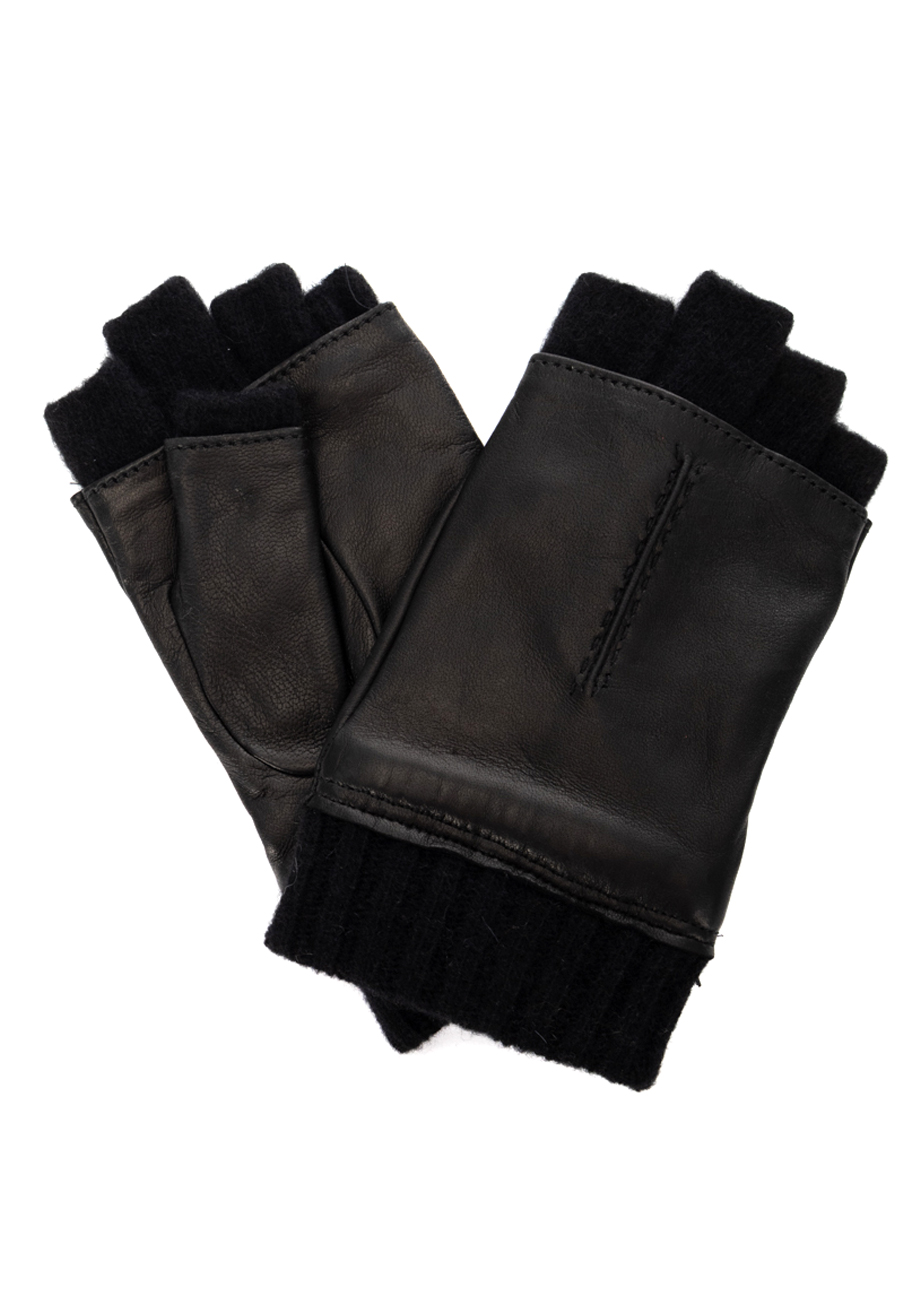38535_black-1 Fingerlose Lederhandschuhe mit Stulpen - Schwarz – Bild 1