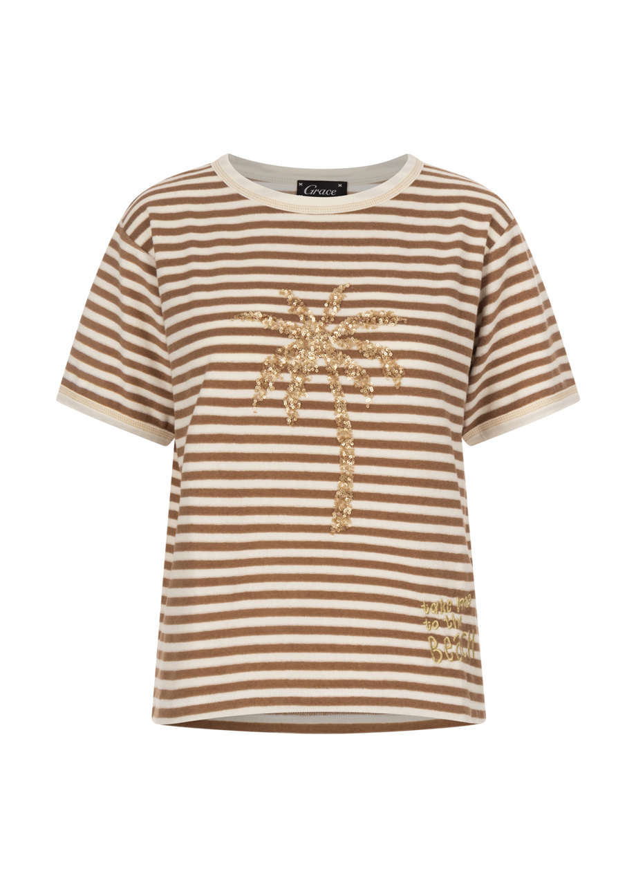 39060_152-1 Kurzarm-Shirt mit Pailletten-Motiv - Off-White/Camel – Bild 1