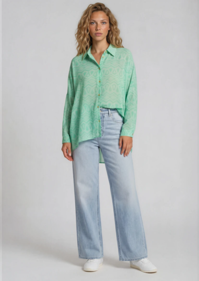 Oversized Baumwollbluse mit Print - Grün – Bild 4