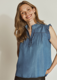 Ärmellose Bluse mit Rüschen - Blau – Bild 3