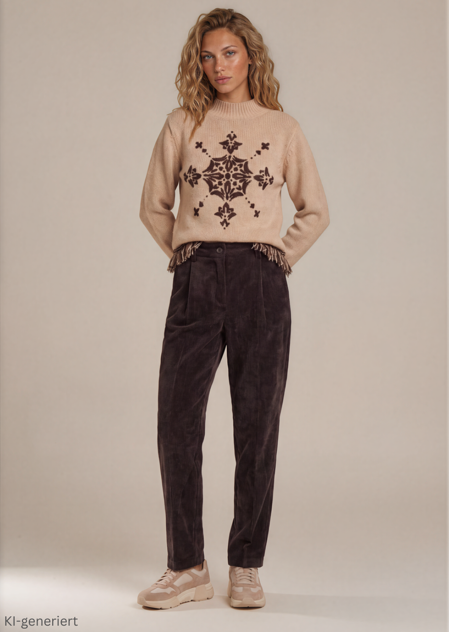 39455_110-model Pullover mit Fransen - Hellbraun/Dunkelbraun – Bild 1
